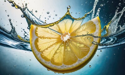 a lemon slice in slow motion splashes water