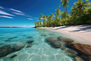 A tropical paradise with white sandy beaches, Turquoise waters and lush green palm trees swaying in the gentle breeze.