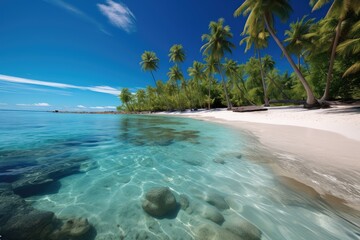 A tropical paradise with white sandy beaches, Turquoise waters and lush green palm trees swaying in the gentle breeze.