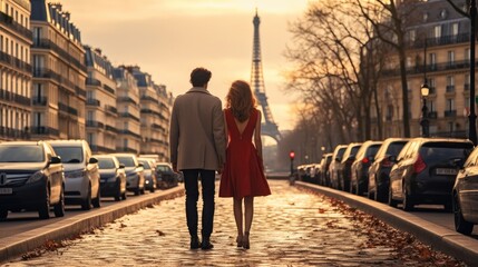 Romantic couple on city street at Paris on Valentine's Day. - obrazy, fototapety, plakaty