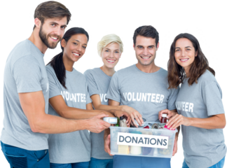 Digital png photo of diverse volunteers with donations box on transparent background