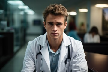 Fototapeta premium Young male surgeon in doctors coat, Sitting in the waiting room, Sad.