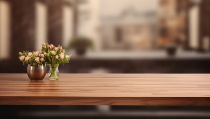 Brown wooden table with free space for your decoration and blurred background of kitchen interior