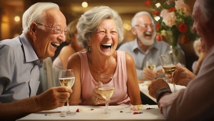 A candid capture of joyful senior citizens enjoying a birthday party, highlighting their happiness and the lively atmosphere of the celebration.