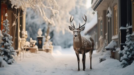 Wild deer standing on a snowy street near a house decorated for Christmas.