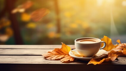 Naklejka na ściany i meble A warm cup of coffee amidst autumn leaves, perfect for cozy fall themes and café ambiance.