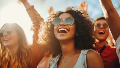 Joyful Black woman enjoying a music festival with friends, epitomizing summer fun and cultural events. - obrazy, fototapety, plakaty