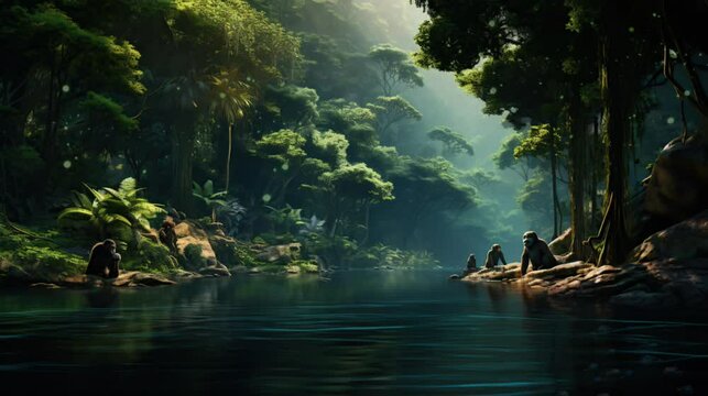river in a dense forest by AI Generated. seamless looping time-lapse virtual video Animation Background.	