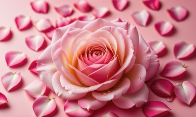 Pink rose petals set on pink background