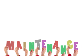 Digital png illustration of hands holding maintenance text on transparent background