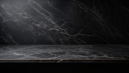 Black marble countertop against a dark backdrop, perfect for luxury product displays or elegant backgrounds.