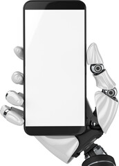 Digital png illustration of robotic hand with smartphone and copy space on transparent background