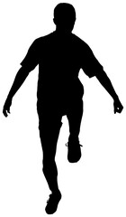 Fototapeta na wymiar Digital png silhouette image of male soccer player on transparent background