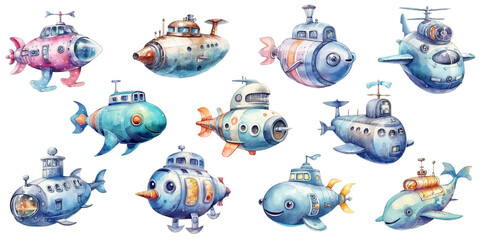 cute submarine watercolor illustration, generative AI