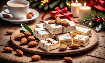 Obraz na płótnie Canvas Traditional christmas sweet nougat and christmas sweet almonds on wooden table 