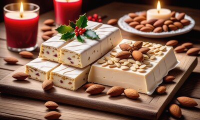 Traditional christmas sweet nougat and christmas sweet almonds on wooden table 