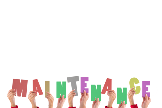 Digital png illustration of hands holding maintenance text on transparent background