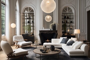 The living room has white decor and black furniture.