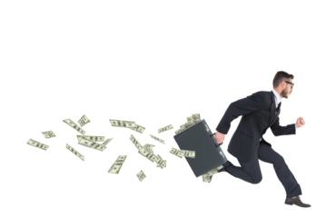 Digital png photo of caucasian businessman running with suitcase on transparent background