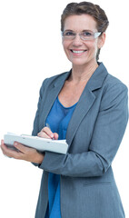 Digital png photo of caucasian businesswoman writing on clipboard on transparent background