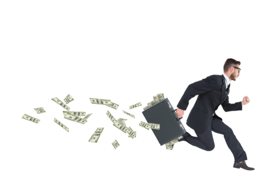 Digital png photo of caucasian businessman running with suitcase on transparent background - Powered by Adobe