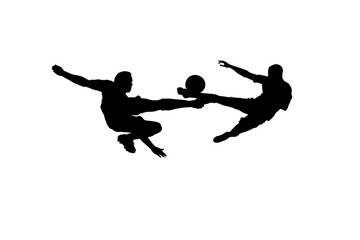 Fototapeta na wymiar Digital png illustration of silhouettes of male footballers with ball on transparent background