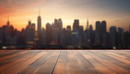 Wooden surface with a blurred city skyline at sunrise, suitable for advertising and urban lifestyle concepts.