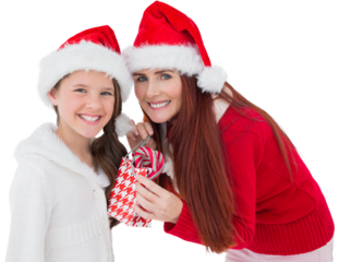 Digital png photo of caucasian mother and daughter with christmas hats on transparent background