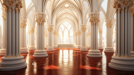 Fototapeta na wymiar Sci-fi opulent desert palace hallway, White red gold colors, Interior.