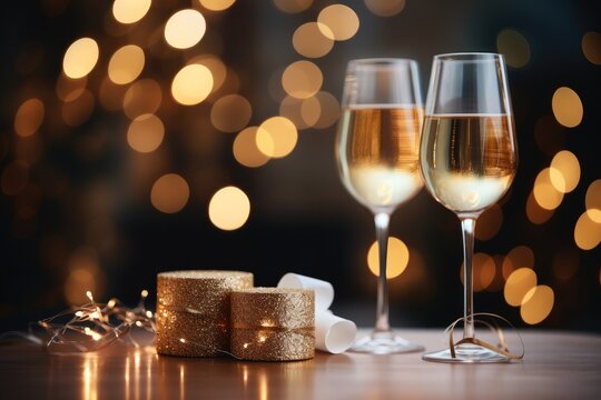 Background of glass of champagne and bokeh.