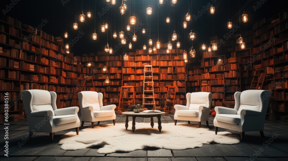 Leinwandbilder an empty stage with many chairs around it and a number of books on it.