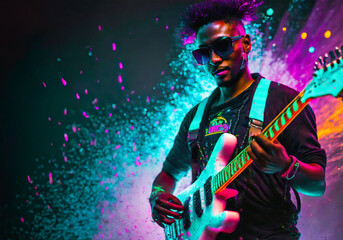 man playing electric guitar with colorful light burst background - obrazy, fototapety, plakaty