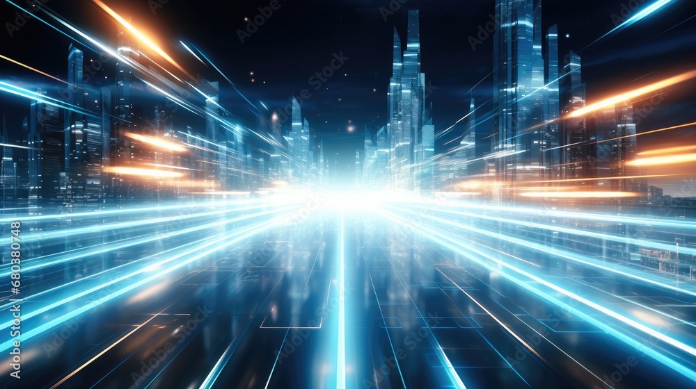 Poster create a futuristic background depicting internet fiber and a network effect, illustrate sleek.