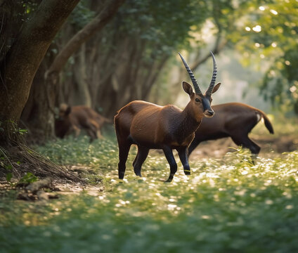 "Saola, a mystical presence in the vibrant forest, moves with grace amid ancient trees. Its elusive beauty, a secret dance within the emerald depths, captivates all who glimpse this enigmatic creature