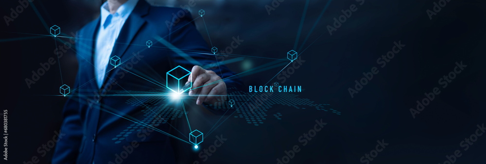 Aufkleber Blockchain technology, Businessman touch blockchain icon on structure global network. Chain of encrypted blocks to secure of business data information of global connected. cyber Security computing.