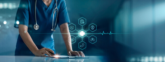 Health care and medicine, Medical analysis, Doctor writes information on clipboard for recording Diagnosis and medical research of various diseases for patients connected to big data in hospital. - obrazy, fototapety, plakaty