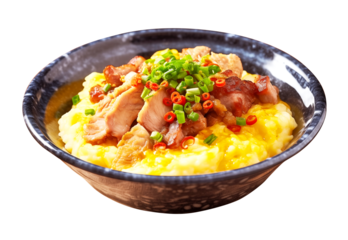 Fried pork with Condensed egg on rice, Rice topped with thick egg, in a Chinese style bowl.