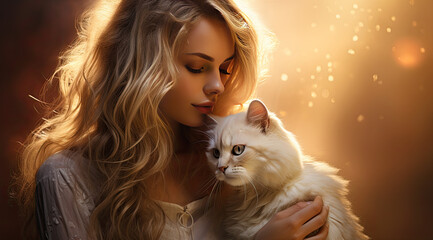 Fototapeta na wymiar beautiful woman hugging her cat