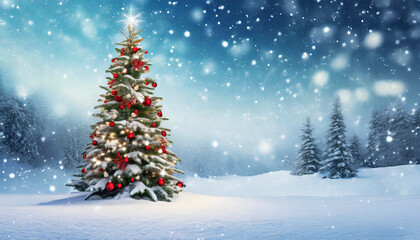 Obraz premium Christmas tree outside forest with falling snow, copy space, holiday background