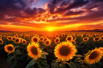 Obraz premium Golden Sunset Over Sunflower Field