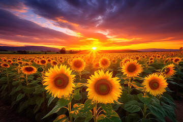 Obraz premium Golden Sunset Over Sunflower Field