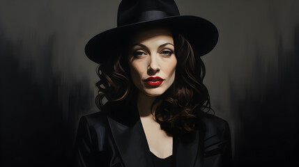 A painting of a woman with curly black hair, distinct cheekbones, donning a black hat, and clad in a matching black suit