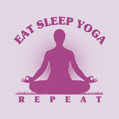 Elevate Your Day with 'Eat, Sleep, Yoga, Repeat' T-shirt Design. Woman doing yoga on the grass field in the morning.