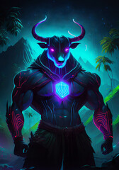 fantasy creature a muscular man with bull's head closeup view