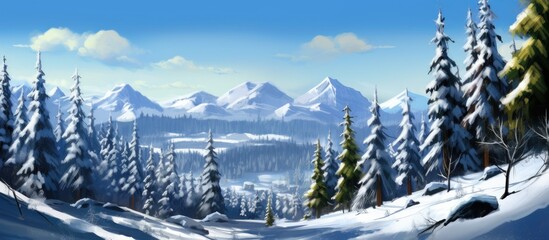 In the breathtaking winter landscape, the snow-covered forest and majestic mountains stood tall against the clear blue sky, creating a serene backdrop for nature lovers who traveled to admire the - Powered by Adobe
