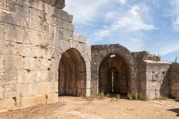 Remains  of a hall in a corner watchtower in the medieval fortress of Nimrod – Qala'at al-Subeiba, located near the border with Syria and Lebanon in the Golan Heights, northern Israel