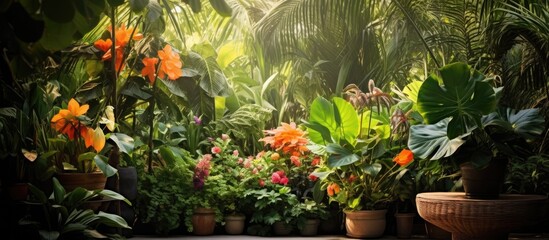 The bright and fresh garden was filled with tropical plants, their green leaves and organic textures creating a vibrant and natural display of flora, featuring a majestic tree with lush foliage.
