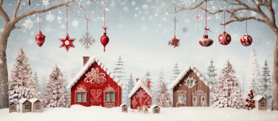 In the vintage Christmas design, an exquisite wooden art piece steals the show, adorned with a border of intricate red ornaments, hearts, and snowflakes, all adding vibrant color and a touch of - obrazy, fototapety, plakaty