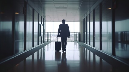 Fototapeta na wymiar silhouette of a businessman walks with a suitcase in the office hall