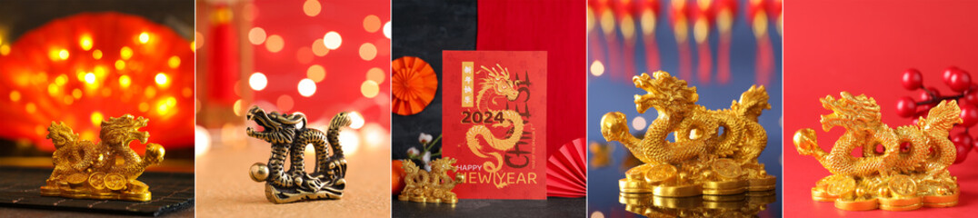 Collage of figurines of Chinese dragon on color background